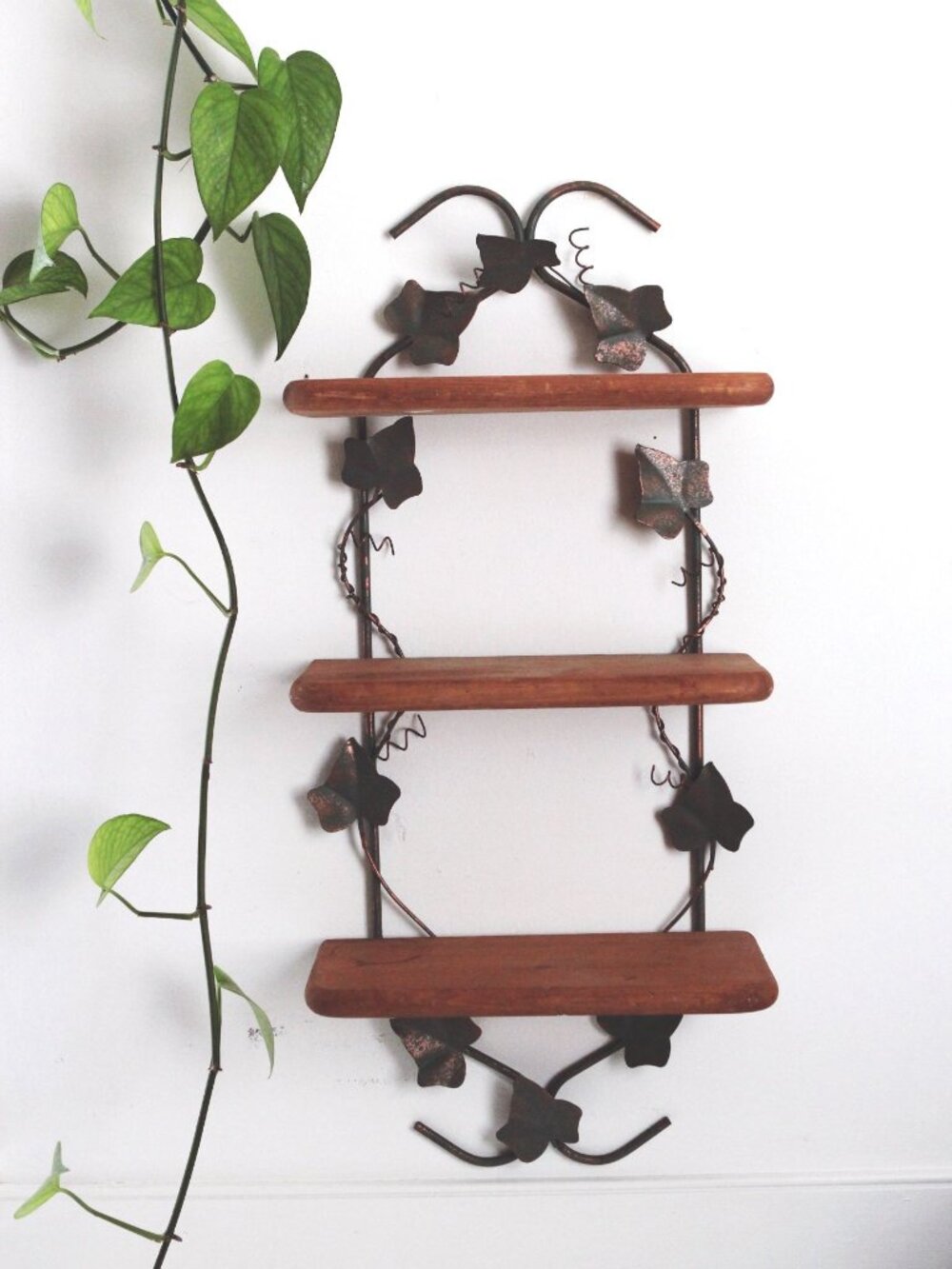 Vintage Metal & Wood Ivy Wall Display Shelf 3 Tier Cottagecore Farmhouse Rustic